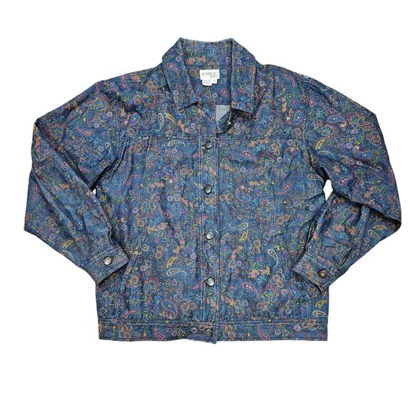 Vtg Brownstone Denim Jacket Womens 12 Floral Paisley Shacket Artsy Boho Retro - Picture 1 of 8
